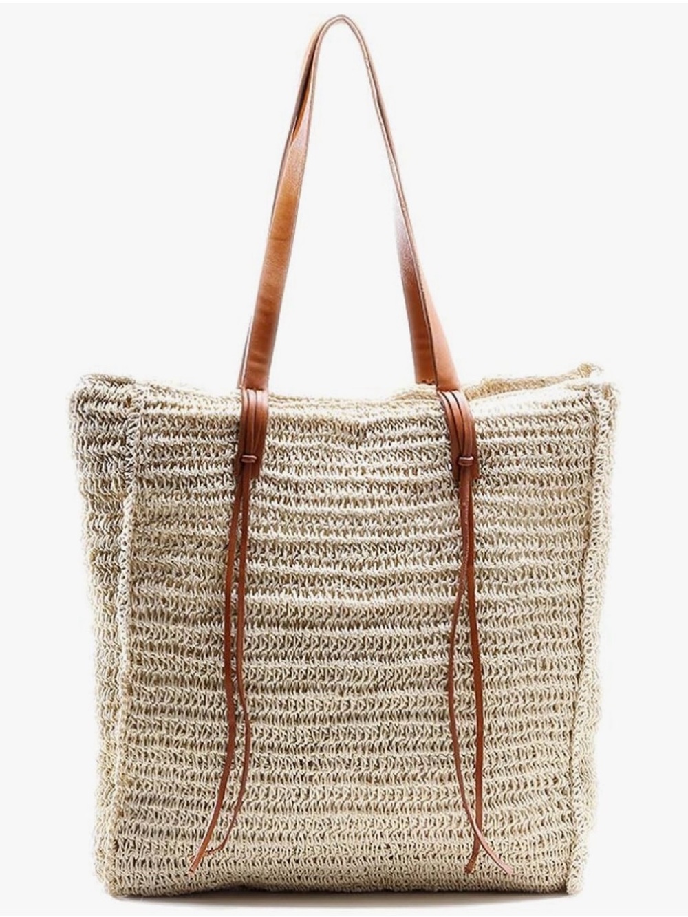 Miss Fong Neutral Straw Tote Bag with Brown Faux Leather Straps